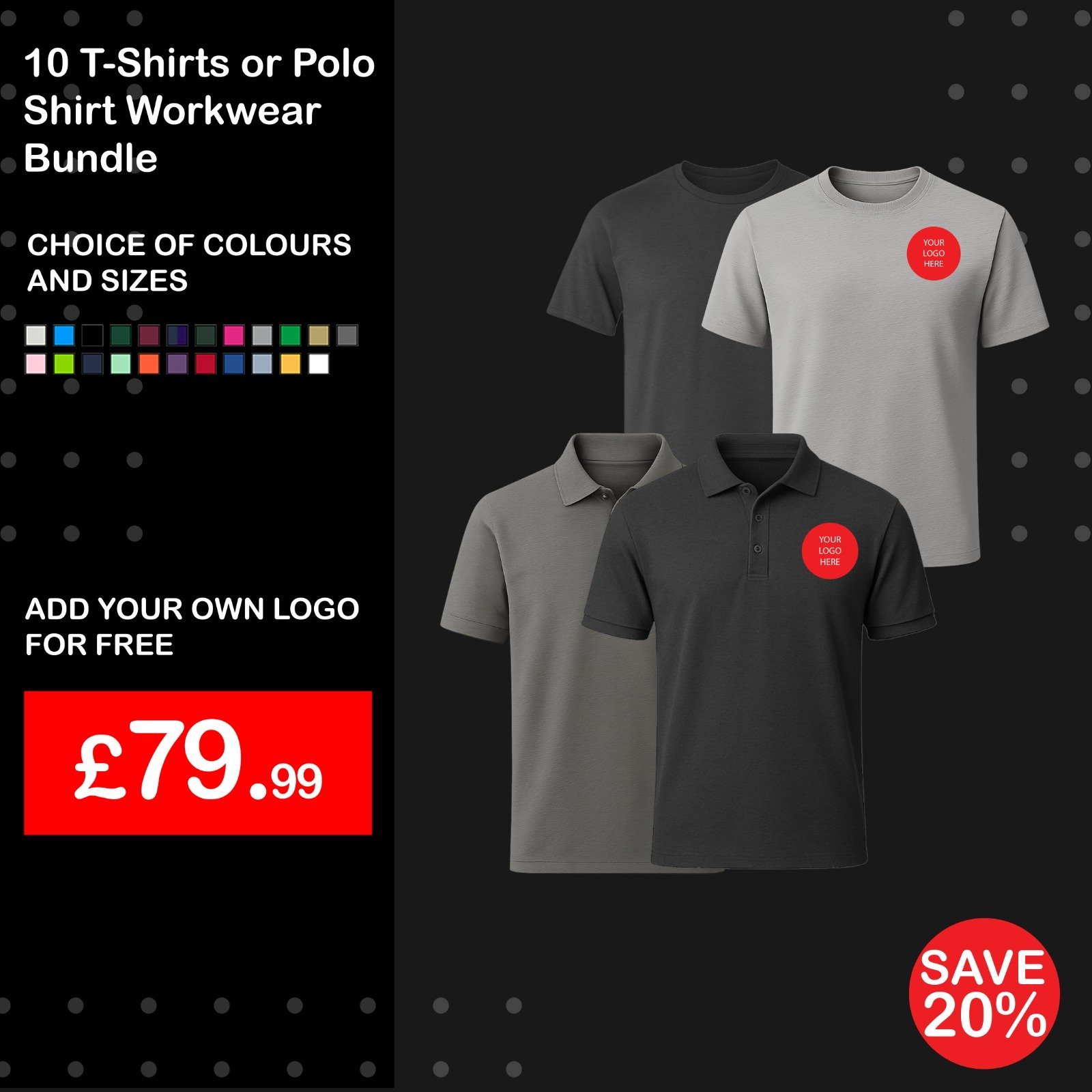 10 T-Shirts or Polo Shirts Workwear Bundle - With Front Logo Embroidered